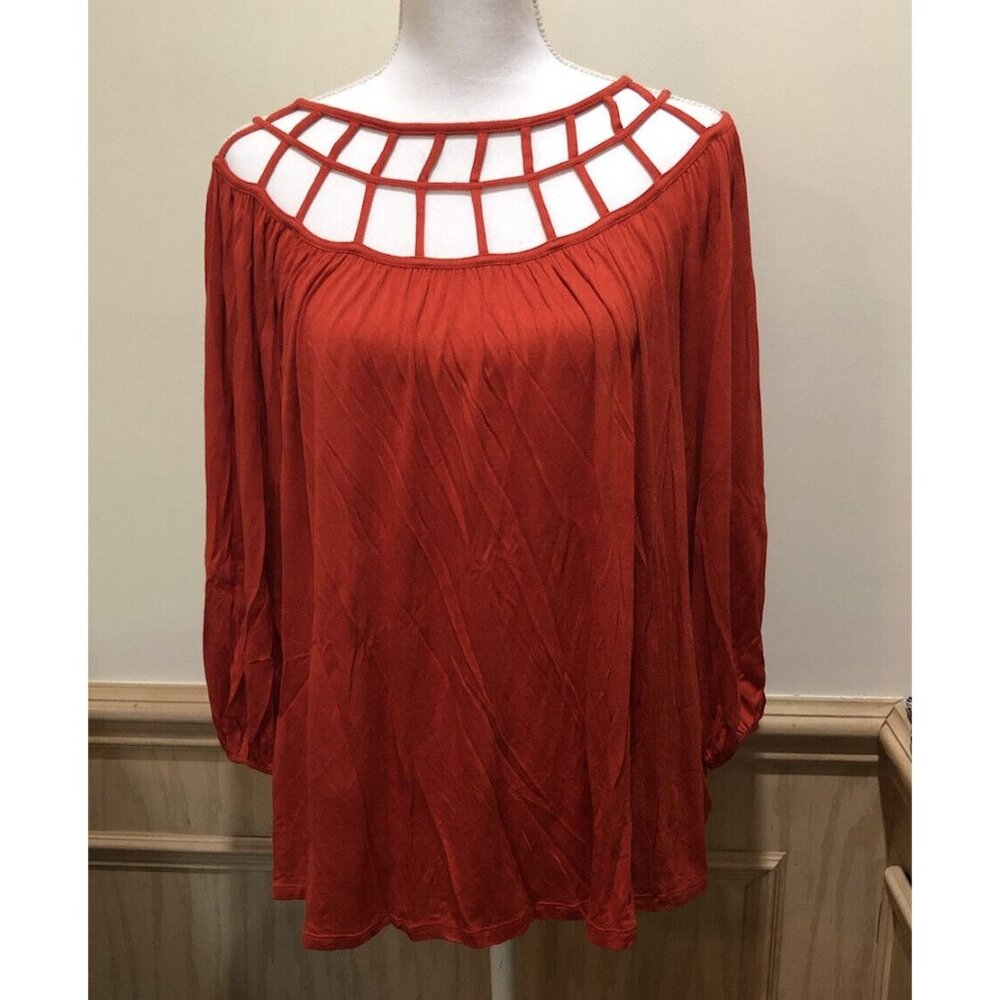 Last April ~ 3/4 Length Sleeve Top with Decorative Neck  ~ Size SMALL ~ Orange